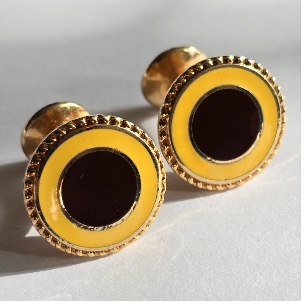 Vintage cuff links yellow brown enamel gold tone round circle formal